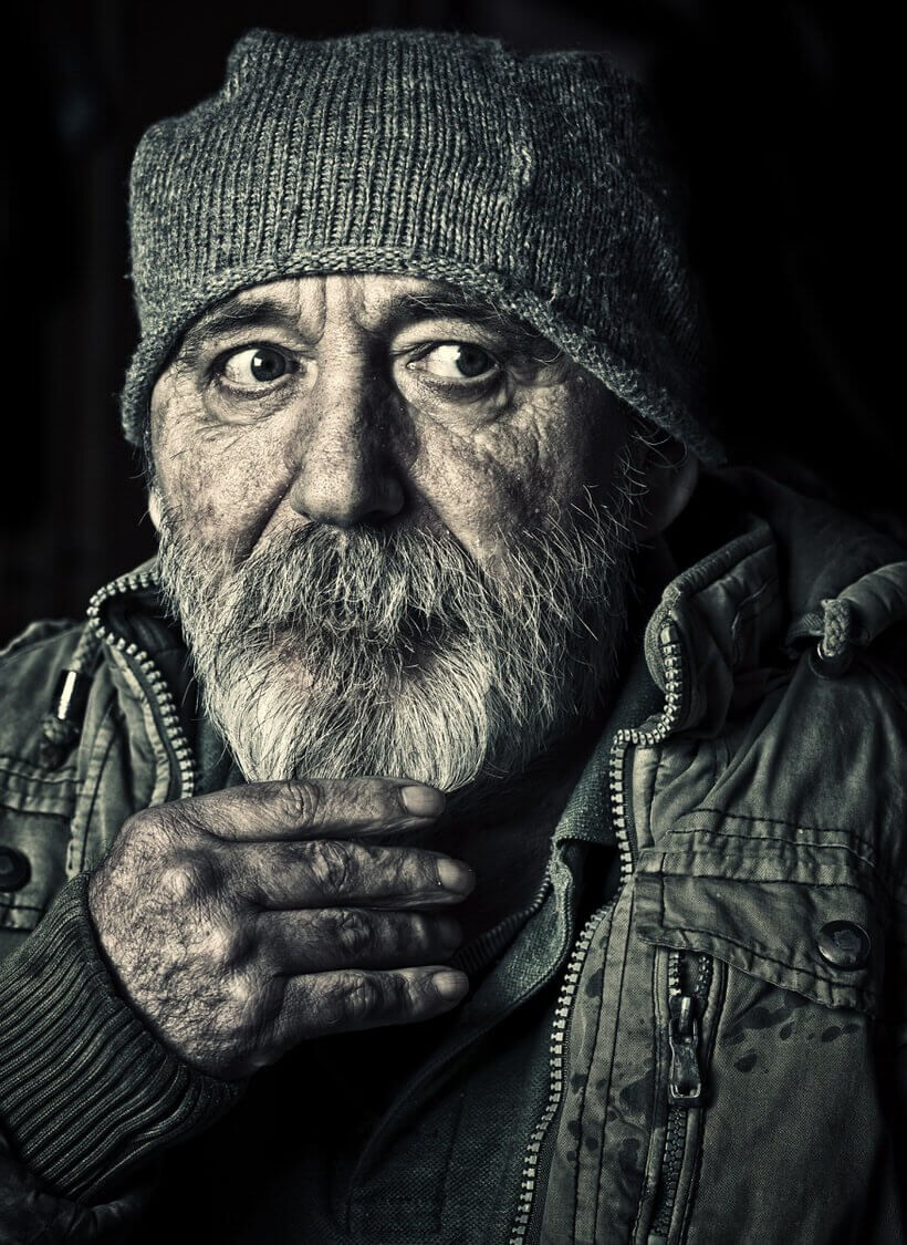 Very old homeless senior man portrait