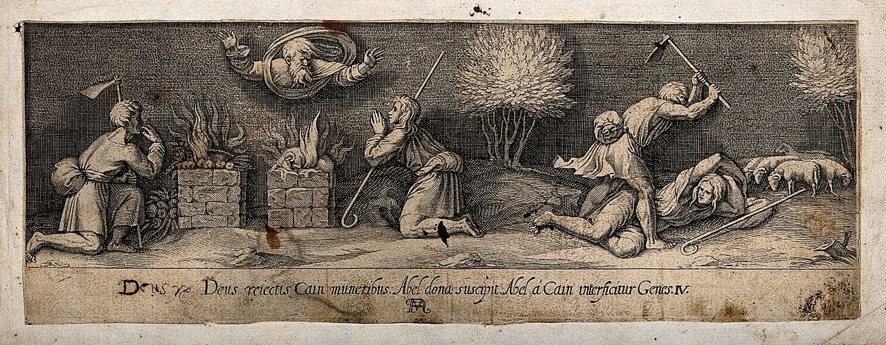 cain and abel make their sacrifices to god cain kills abel wellcome v0034200