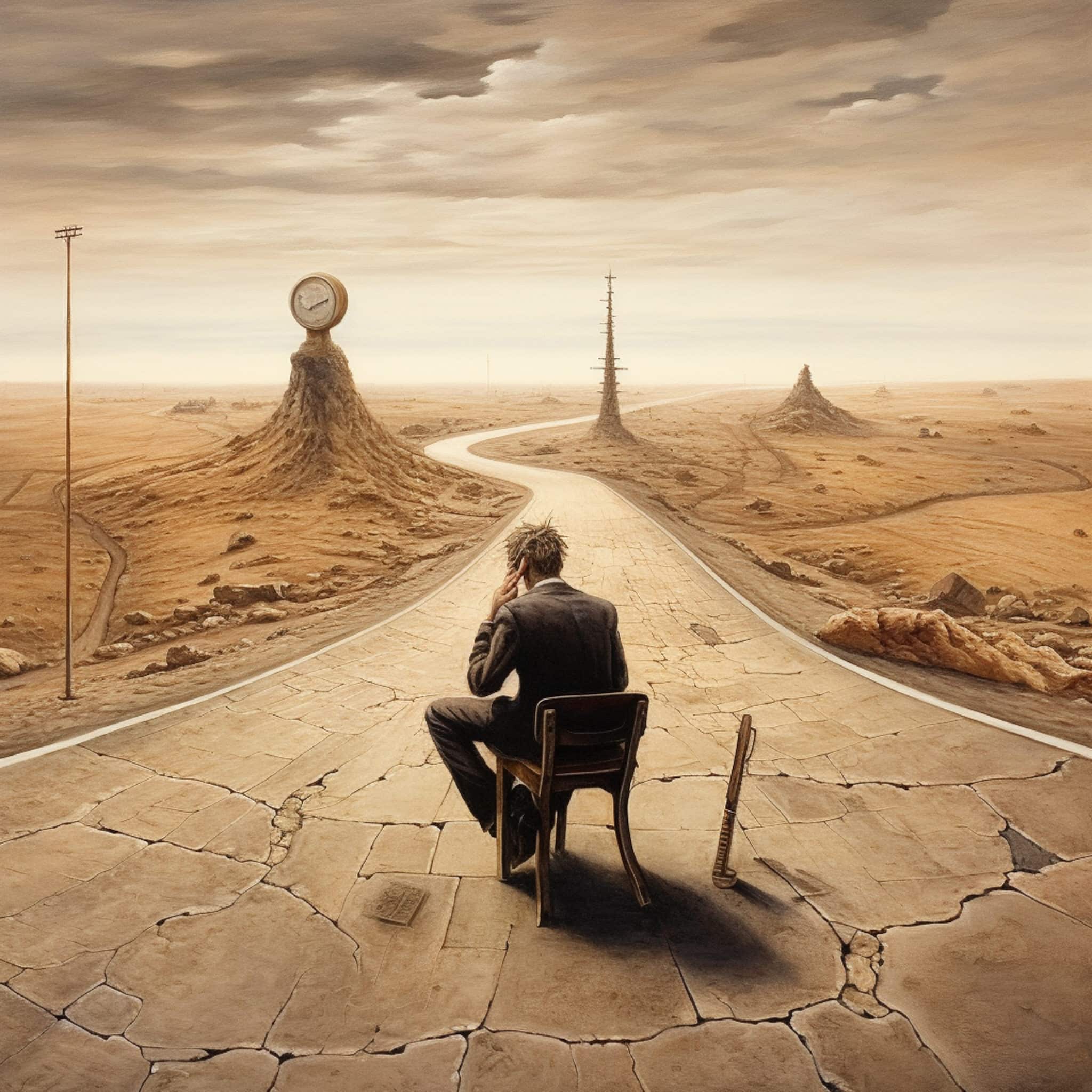 vecteezy there is a man sitting on a bench in the middle of a desert 28400036